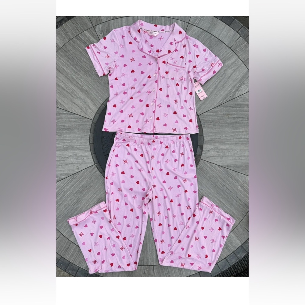 Juicy Couture Heart Logo Pajama Set Sleepwear Shirt/Pants JC Toss Pink  New - Picture 8 of 9